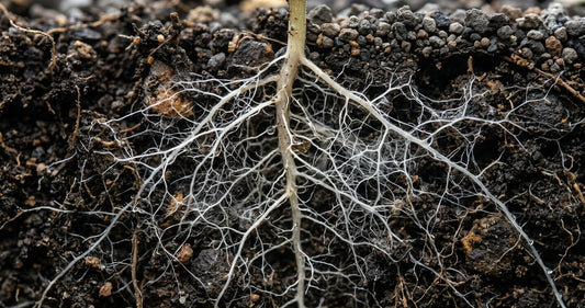Red de hifas de hongos micorrízicos entrelazadas con las raíces de una planta en suelo orgánico.