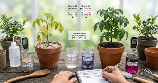 Medición directa del pH en tierra fértil de huerta orgánica con medidor de suelo en cama de cultivo.
