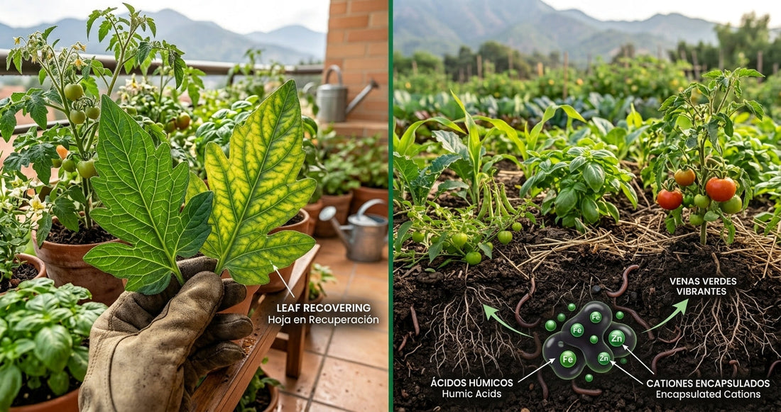 Ilustración agronómica de quelatos naturales desbloqueando micronutrientes como hierro y zinc en la raíz.