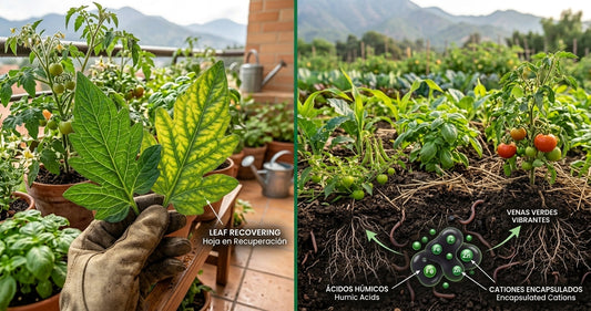 Ilustración agronómica de quelatos naturales desbloqueando micronutrientes como hierro y zinc en la raíz.