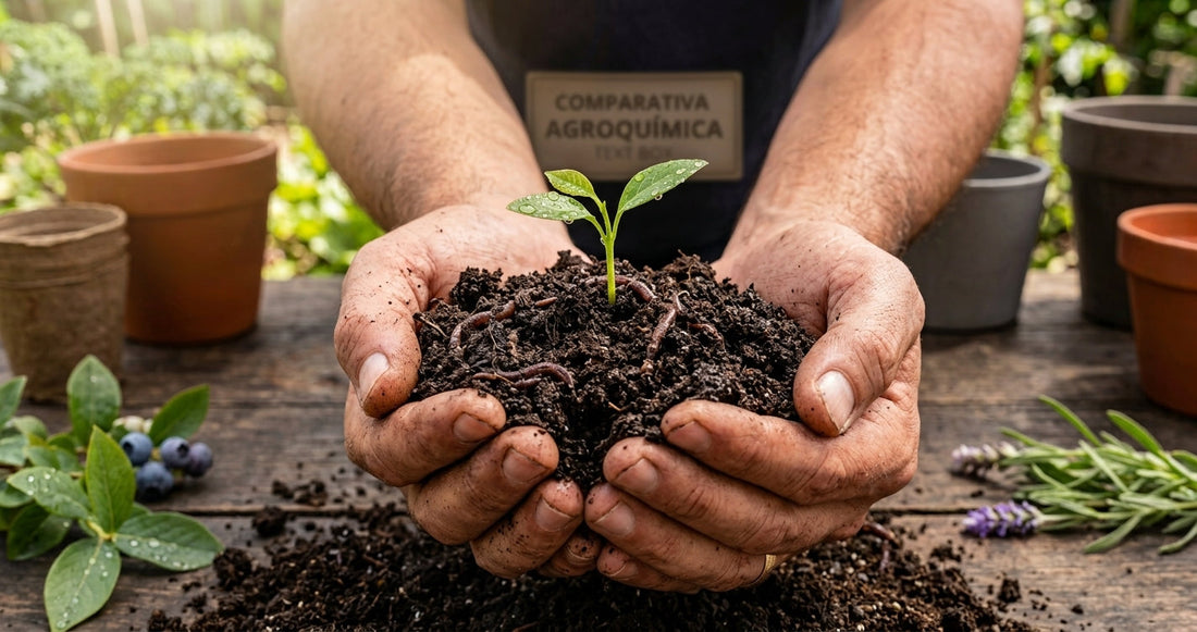 Manos sosteniendo tierra negra rica en materia orgánica y humus con gotas de agua retenidas.
