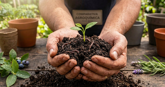 Manos sosteniendo tierra negra rica en materia orgánica y humus con gotas de agua retenidas.