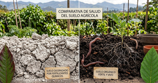 Comparación visual entre un suelo erosionado por fertilizantes químicos y un suelo orgánico fértil rico en microorganismos y lombrices.
