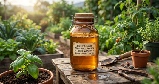 Frasco con biofertilizante fermentado líquido sobre una mesa de trabajo de jardinería rodeada de plantas sanas.