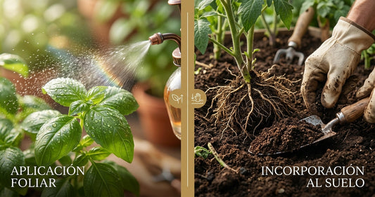 Comparativa entre la aplicación de abono foliar mediante pulverización en hojas y nutrición orgánica aplicada directamente al suelo.