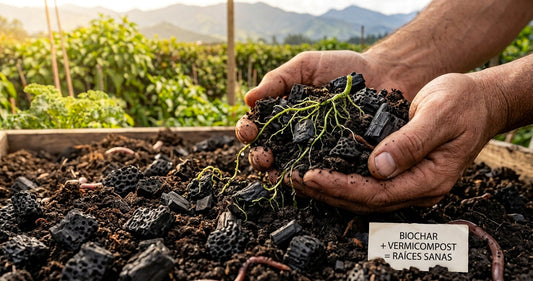 Estructura porosa de biochar o biocarbón mezclado con tierra orgánica y raíces de plantas.
