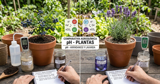 Comparativa visual entre una planta acidófila en suelo oscuro y una planta de suelo alcalino.