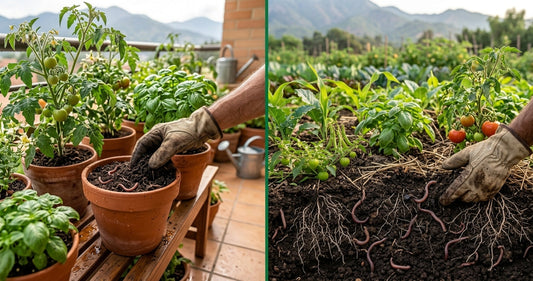 Comparativa de fertilización orgánica entre plantas cultivadas en macetas y plantas sembradas en suelo directo.