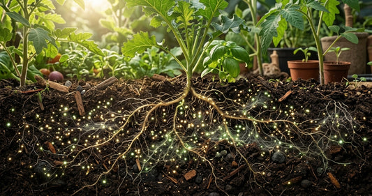 Estructura de suelo orgánico enriquecido con microorganismos eficientes alrededor de raíces de plantas sanas.