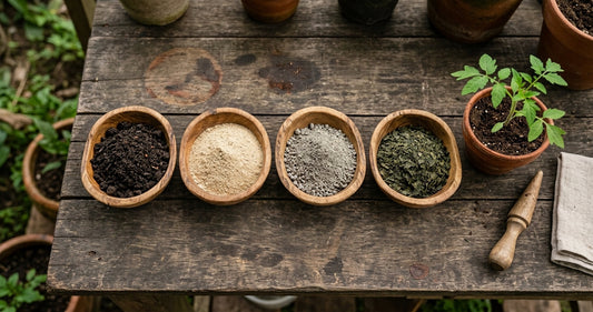 Muestra de abonos orgánicos como humus de lombriz, harina de hueso y polvo de rocas para nutrición de suelos en huertos y jardines.